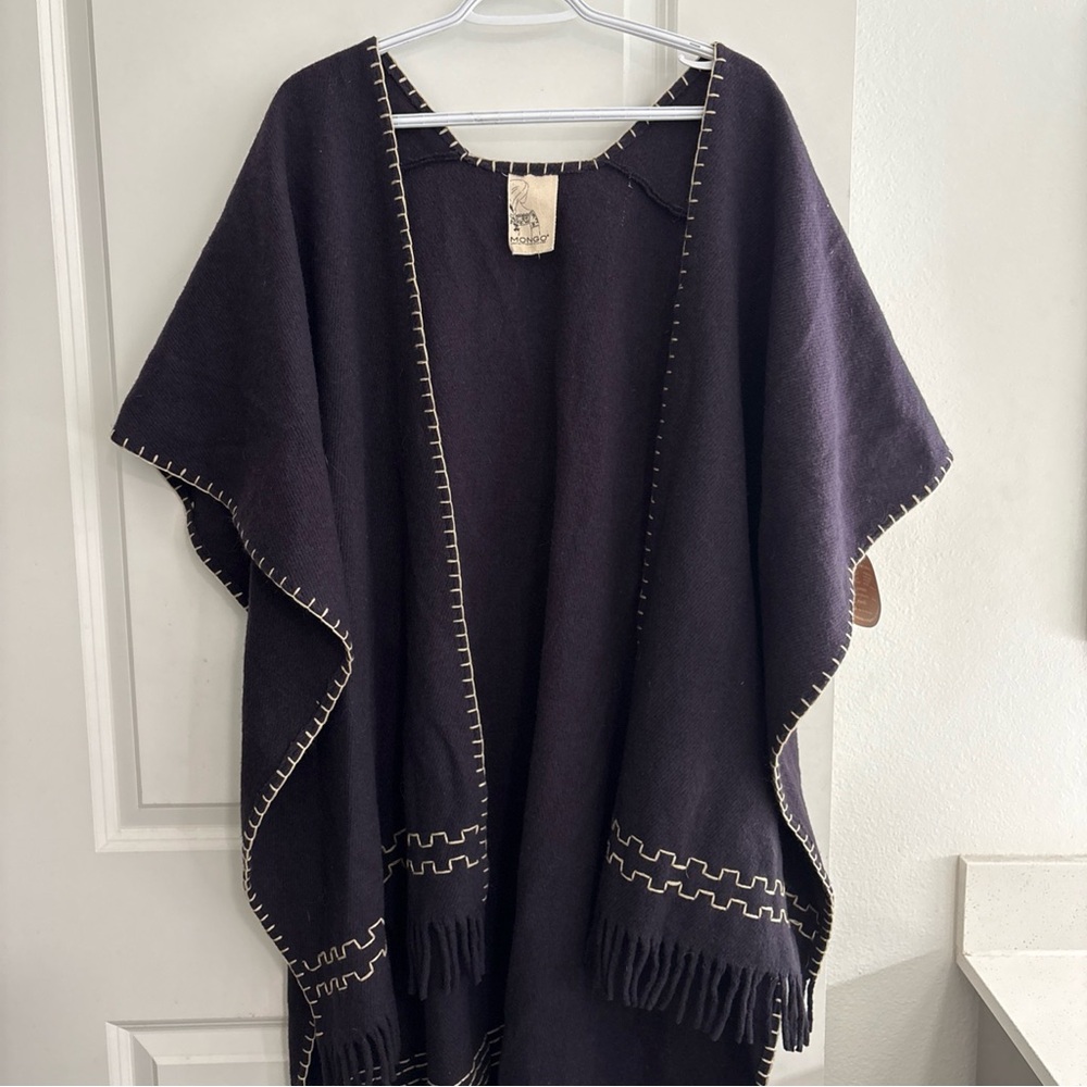 SALE MONGO blue dark-colored wool or felted poncho tunic light-colored stitching